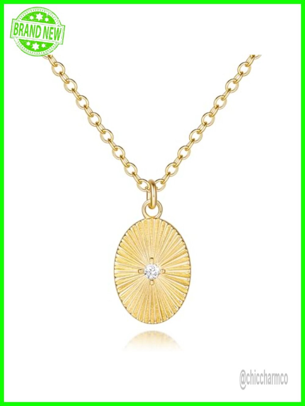 14K Gold Plated Oval Pendant Necklace with Cubic Zirconia
